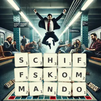 Kreative Illustration für ein Scrabble-Spiel, bei dem das Wort SCHIFFSKOMMANDO mit Steinen auf dem Brett gelegt wurde.