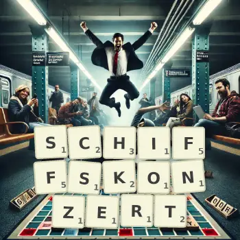 Kreative Illustration für ein Scrabble-Spiel, bei dem das Wort SCHIFFSKONZERT mit Steinen auf dem Brett gelegt wurde.