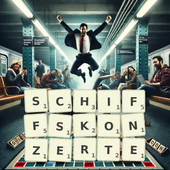 Kreative Illustration für ein Scrabble-Spiel, bei dem das Wort SCHIFFSKONZERTE mit Steinen auf dem Brett gelegt wurde.