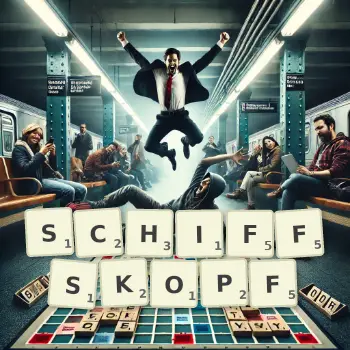 Kreative Illustration für ein Scrabble-Spiel, bei dem das Wort SCHIFFSKOPF mit Steinen auf dem Brett gelegt wurde.