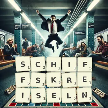 Kreative Illustration für ein Scrabble-Spiel, bei dem das Wort SCHIFFSKREISELN mit Steinen auf dem Brett gelegt wurde.