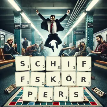 Kreative Illustration für ein Scrabble-Spiel, bei dem das Wort SCHIFFSKÖRPERS mit Steinen auf dem Brett gelegt wurde.