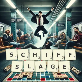 Kreative Illustration für ein Scrabble-Spiel, bei dem das Wort SCHIFFSLAGE mit Steinen auf dem Brett gelegt wurde.