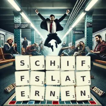 Kreative Illustration für ein Scrabble-Spiel, bei dem das Wort SCHIFFSLATERNEN mit Steinen auf dem Brett gelegt wurde.