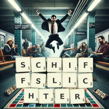 Kreative Illustration für ein Scrabble-Spiel, bei dem das Wort SCHIFFSLICHTER mit Steinen auf dem Brett gelegt wurde.