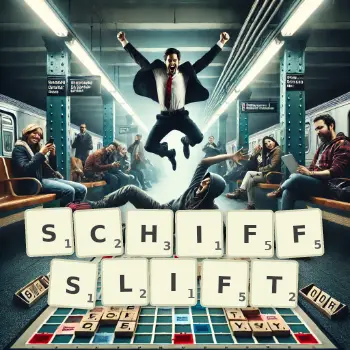 Kreative Illustration für ein Scrabble-Spiel, bei dem das Wort SCHIFFSLIFT mit Steinen auf dem Brett gelegt wurde.
