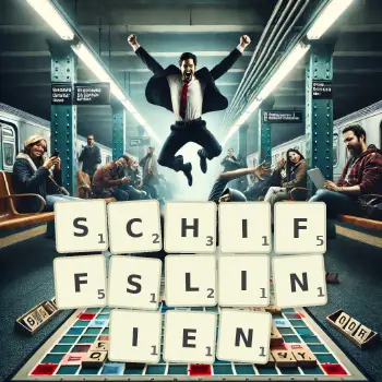 Kreative Illustration für ein Scrabble-Spiel, bei dem das Wort SCHIFFSLINIEN mit Steinen auf dem Brett gelegt wurde.