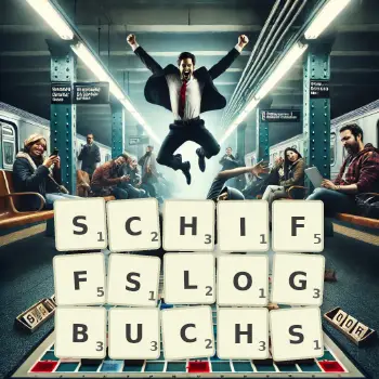 Kreative Illustration für ein Scrabble-Spiel, bei dem das Wort SCHIFFSLOGBUCHS mit Steinen auf dem Brett gelegt wurde.