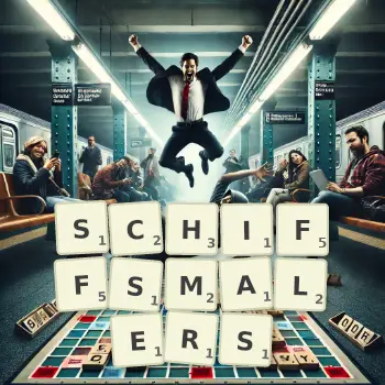 Kreative Illustration für ein Scrabble-Spiel, bei dem das Wort SCHIFFSMALERS mit Steinen auf dem Brett gelegt wurde.