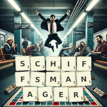 Kreative Illustration für ein Scrabble-Spiel, bei dem das Wort SCHIFFSMANAGER mit Steinen auf dem Brett gelegt wurde.