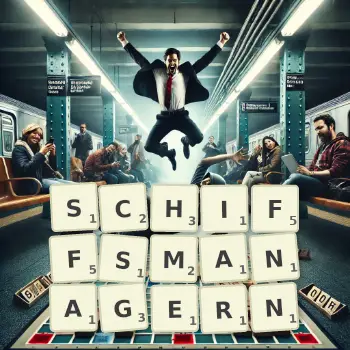 Kreative Illustration für ein Scrabble-Spiel, bei dem das Wort SCHIFFSMANAGERN mit Steinen auf dem Brett gelegt wurde.