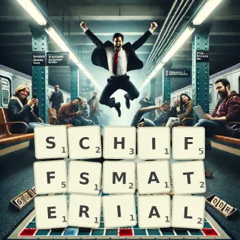 Kreative Illustration für ein Scrabble-Spiel, bei dem das Wort SCHIFFSMATERIAL mit Steinen auf dem Brett gelegt wurde.
