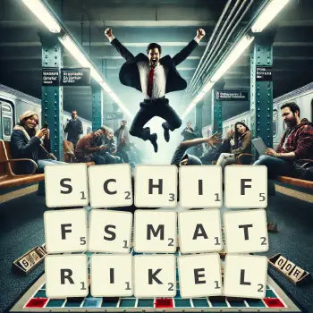 Kreative Illustration für ein Scrabble-Spiel, bei dem das Wort SCHIFFSMATRIKEL mit Steinen auf dem Brett gelegt wurde.