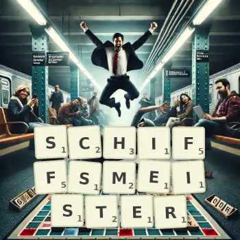 Kreative Illustration für ein Scrabble-Spiel, bei dem das Wort SCHIFFSMEISTER mit Steinen auf dem Brett gelegt wurde.