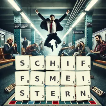 Kreative Illustration für ein Scrabble-Spiel, bei dem das Wort SCHIFFSMEISTERN mit Steinen auf dem Brett gelegt wurde.