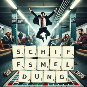 Kreative Illustration für ein Scrabble-Spiel, bei dem das Wort SCHIFFSMELDUNG mit Steinen auf dem Brett gelegt wurde.