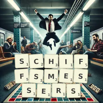 Kreative Illustration für ein Scrabble-Spiel, bei dem das Wort SCHIFFSMESSERS mit Steinen auf dem Brett gelegt wurde.