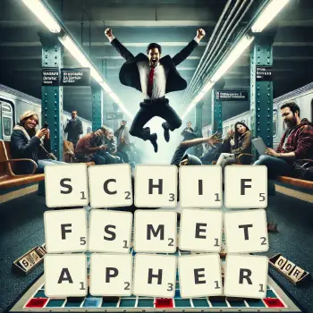 Kreative Illustration für ein Scrabble-Spiel, bei dem das Wort SCHIFFSMETAPHER mit Steinen auf dem Brett gelegt wurde.