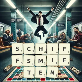 Kreative Illustration für ein Scrabble-Spiel, bei dem das Wort SCHIFFSMIETEN mit Steinen auf dem Brett gelegt wurde.