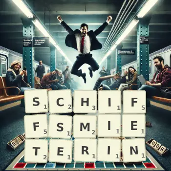 Kreative Illustration für ein Scrabble-Spiel, bei dem das Wort SCHIFFSMIETERIN mit Steinen auf dem Brett gelegt wurde.