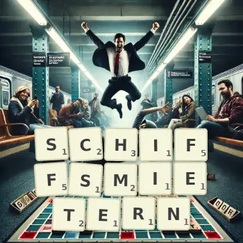 Kreative Illustration für ein Scrabble-Spiel, bei dem das Wort SCHIFFSMIETERN mit Steinen auf dem Brett gelegt wurde.