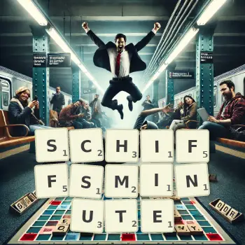 Kreative Illustration für ein Scrabble-Spiel, bei dem das Wort SCHIFFSMINUTE mit Steinen auf dem Brett gelegt wurde.