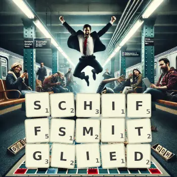 Kreative Illustration für ein Scrabble-Spiel, bei dem das Wort SCHIFFSMITGLIED mit Steinen auf dem Brett gelegt wurde.