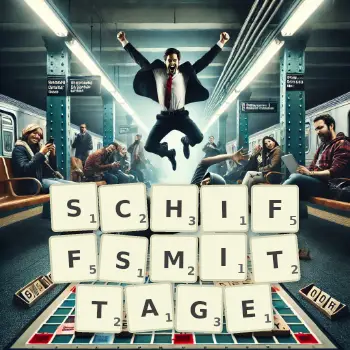 Kreative Illustration für ein Scrabble-Spiel, bei dem das Wort SCHIFFSMITTAGE mit Steinen auf dem Brett gelegt wurde.