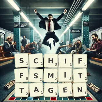 Kreative Illustration für ein Scrabble-Spiel, bei dem das Wort SCHIFFSMITTAGEN mit Steinen auf dem Brett gelegt wurde.
