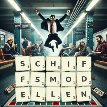 Kreative Illustration für ein Scrabble-Spiel, bei dem das Wort SCHIFFSMODELLEN mit Steinen auf dem Brett gelegt wurde.