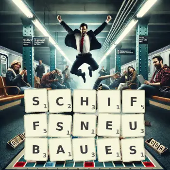 Kreative Illustration für ein Scrabble-Spiel, bei dem das Wort SCHIFFSNEUBAUES mit Steinen auf dem Brett gelegt wurde.
