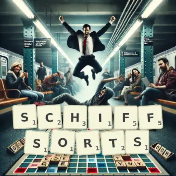 Kreative Illustration für ein Scrabble-Spiel, bei dem das Wort SCHIFFSORTS mit Steinen auf dem Brett gelegt wurde.