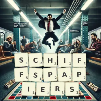 Kreative Illustration für ein Scrabble-Spiel, bei dem das Wort SCHIFFSPAPIERS mit Steinen auf dem Brett gelegt wurde.