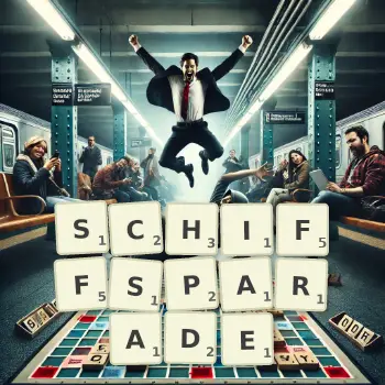 Kreative Illustration für ein Scrabble-Spiel, bei dem das Wort SCHIFFSPARADE mit Steinen auf dem Brett gelegt wurde.