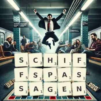 Kreative Illustration für ein Scrabble-Spiel, bei dem das Wort SCHIFFSPASSAGEN mit Steinen auf dem Brett gelegt wurde.