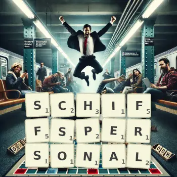 Kreative Illustration für ein Scrabble-Spiel, bei dem das Wort SCHIFFSPERSONAL mit Steinen auf dem Brett gelegt wurde.