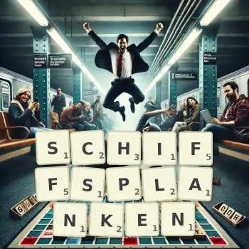 Kreative Illustration für ein Scrabble-Spiel, bei dem das Wort SCHIFFSPLANKEN mit Steinen auf dem Brett gelegt wurde.