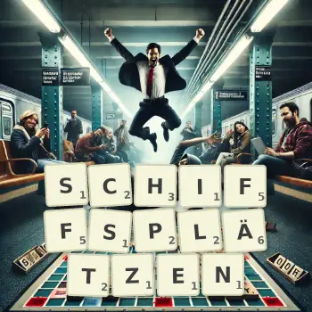 Kreative Illustration für ein Scrabble-Spiel, bei dem das Wort SCHIFFSPLÄTZEN mit Steinen auf dem Brett gelegt wurde.