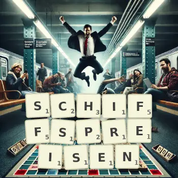 Kreative Illustration für ein Scrabble-Spiel, bei dem das Wort SCHIFFSPREISEN mit Steinen auf dem Brett gelegt wurde.