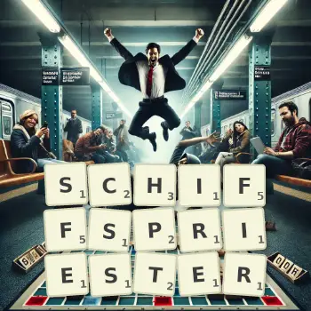 Kreative Illustration für ein Scrabble-Spiel, bei dem das Wort SCHIFFSPRIESTER mit Steinen auf dem Brett gelegt wurde.