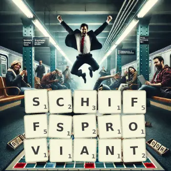 Kreative Illustration für ein Scrabble-Spiel, bei dem das Wort SCHIFFSPROVIANT mit Steinen auf dem Brett gelegt wurde.