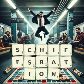 Kreative Illustration für ein Scrabble-Spiel, bei dem das Wort SCHIFFSRATION mit Steinen auf dem Brett gelegt wurde.