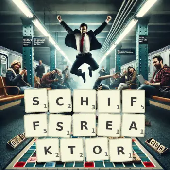 Kreative Illustration für ein Scrabble-Spiel, bei dem das Wort SCHIFFSREAKTOR mit Steinen auf dem Brett gelegt wurde.