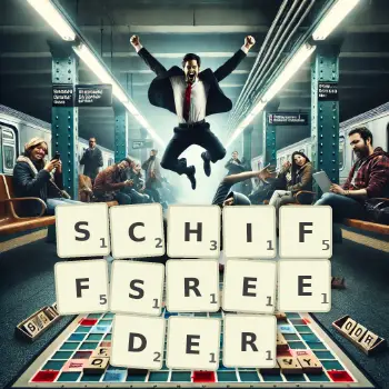 Kreative Illustration für ein Scrabble-Spiel, bei dem das Wort SCHIFFSREEDER mit Steinen auf dem Brett gelegt wurde.