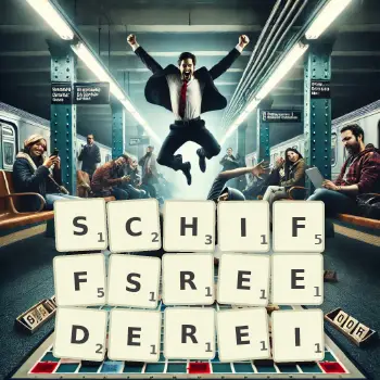 Kreative Illustration für ein Scrabble-Spiel, bei dem das Wort SCHIFFSREEDEREI mit Steinen auf dem Brett gelegt wurde.