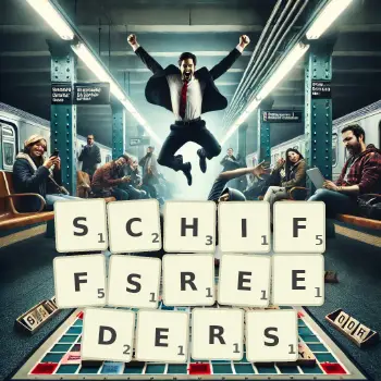 Kreative Illustration für ein Scrabble-Spiel, bei dem das Wort SCHIFFSREEDERS mit Steinen auf dem Brett gelegt wurde.