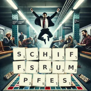 Kreative Illustration für ein Scrabble-Spiel, bei dem das Wort SCHIFFSRUMPFES mit Steinen auf dem Brett gelegt wurde.