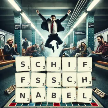 Kreative Illustration für ein Scrabble-Spiel, bei dem das Wort SCHIFFSSCHNABEL mit Steinen auf dem Brett gelegt wurde.