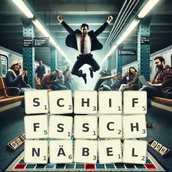 Kreative Illustration für ein Scrabble-Spiel, bei dem das Wort SCHIFFSSCHNÄBEL mit Steinen auf dem Brett gelegt wurde.