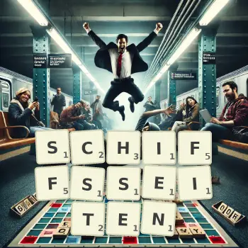 Kreative Illustration für ein Scrabble-Spiel, bei dem das Wort SCHIFFSSEITEN mit Steinen auf dem Brett gelegt wurde.
